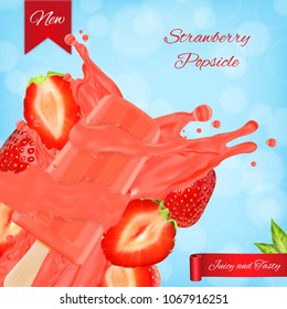 Strawberry popsicle ads. Popsicle and strawberry with splashing juice on a green background. EPS10 vector