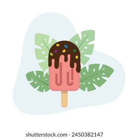 Paleta de fresa con Ilustración vectorial plana con relleno de chocolate decorada con hojas para uso de Web para postre, congelado, helado, chocolate, dulce