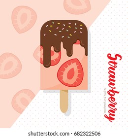 Strawberry popsicle. Healthy fruit popsicle with chocolate cream, jimmies sprinkles topping. Summer refreshing snack.