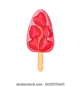 Strawberry popsicle ice cream with fruit slice inside on wooden stick in cartoon style isolated on white background. Ideal for summer design, recipe book or cafe.