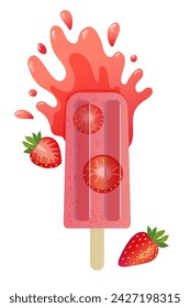 Strawberry popsicle, ice cream on wooden stick. Frozen strawberry juice. Summer cold dessert