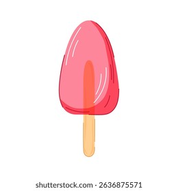 Strawberry popsicle ice cream on wooden stick in cartoon style isolated on white background. Ideal for summer design, cafe menu.
