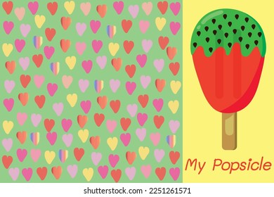 Strawberry popsicle and ice cream for spring summer season, valentine card for loved one, cute drawing vector and colorful funky fancy gradient heart background, backdrop, cafeteria, canteen food fair