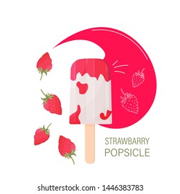 Strawberry popsicle on juisy spot with berries. Flat vector illustration. Colorful poster.