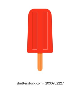 Strawberry popsicle. Red ice cream or frozen juice on stick isolated on white background. Sweet frozen summer dessert. Vector cartoon illustration.