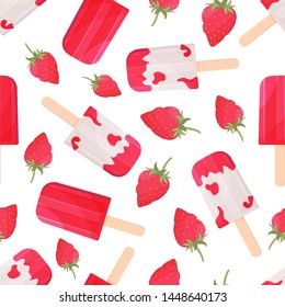 Strawberry popsicle seamless pattern. Flat vector illustration.