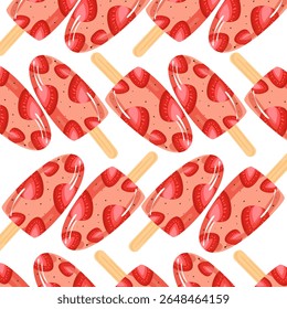 Strawberry popsicle seamless pattern. Ice cream illustration. Can be used for wallpaper, paper wrapping, fashion fabric, food element