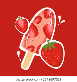 Strawberry popsicle with white outline. Ice lolly. Food cartoon. Sweet ice cream illustration. Can be used for wallpaper, print, and sticker and summer theme element