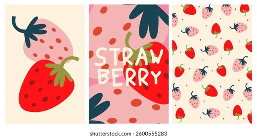 Strawberry poster, pattern. Collection of hand drawn summer fruit illustrations. Red flat berries. Trendy design for wall decor, postcard, cover, packaging, t shirt