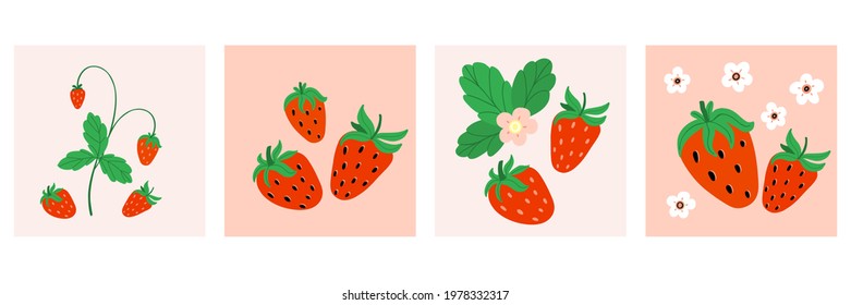 Strawberry poster or print set. Hand drawn fresh forest or garden berry cards collection. Juicy berries, bush with green leaves doodle summer element. Vector cartoon minimalistic isolated illustration