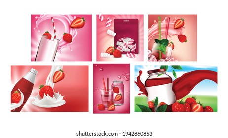 Strawberry Product Promotional Posters Set Vector. Strawberry Soda Drink And Juice, Milk Cocktail, Yogurt And Marshmallows On Advertising Banners. Style Concept Template Illustrations