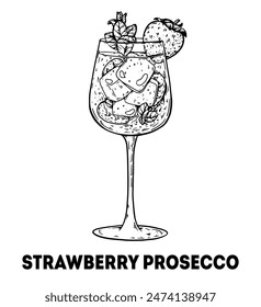 Strawberry Prosecco cocktail illustration. Hand drawn sketch. Vector illustration. Isolated object. Not AI