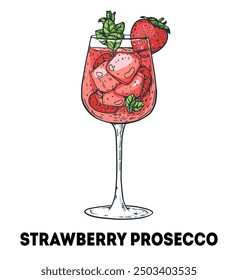 Strawberry Prosecco cocktail illustration. Hand drawn sketch. Vector illustration. Isolated object.