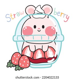 Strawberry pudding with rabbit in plastic cup.Sweet cake cartoon hand drawn.Dessert.Bakery.Funny animal character design.Kawaii.Vector.Illustration.