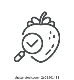 Strawberry Quality Checked Icon. Line Illustration of a Fresh Strawberry with a Checkmark, Representing Food Safety, Quality Control, and Certified Organic Produce.