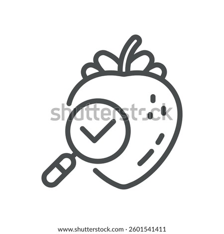 Strawberry Quality Checked Icon. Line Illustration of a Fresh Strawberry with a Checkmark, Representing Food Safety, Quality Control, and Certified Organic Produce.