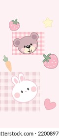 Strawberry and rabbit bear Pattern, Pink seamless strawberry, Strawberry pink Background, Strawberry Wallpaper Love Cards Vector Stock Vector Illustration.