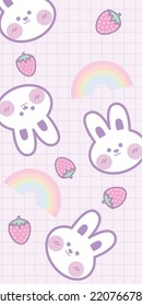 Strawberry Rabbit rainbow Pattern, pink seamless strawberry purple Background, Strawberry Wallpaper Love Cards Vector Stock Vector Illustration.
