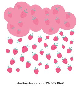 Strawberry rain. Vector decorative  illusration with srawberries falling from a pink cloud. 