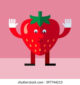 Strawberry raising his hands. Flat style vector illustration . Funny cartoon character