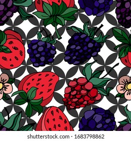 Strawberry, Raspberries and blackberries isolated sketch. Vector berry. seamless pattern