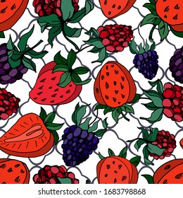 Strawberry, Raspberries and blackberries isolated sketch. Vector berry. seamless pattern