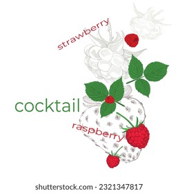 Strawberry. Raspberries. Red, green, yellow colors. Ornament of stylized flowers and berries with leaves in lines and color.