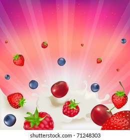 Strawberry, Raspberry, Bilberry And Cherry,  Falling Into Splash Of Milk, Vector illustration