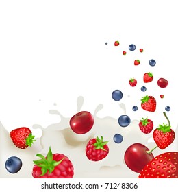 Strawberry, Raspberry, Bilberry And Cherry, Falling Into Splash Of Milk, Vector illustration