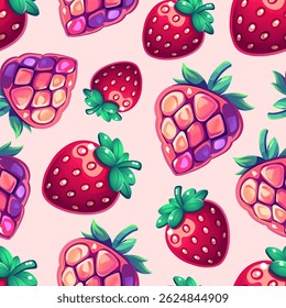 Strawberry and Raspberry Cartoon Seamless Pattern. Bright Berries Vector Pattern on Pink Background