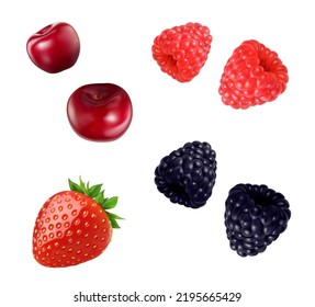 Strawberry, raspberry, cherry and blackberry realistic fruits. Isolated vector 3d juicy wild or garden berries, summer harvest, vitamin nutrition, dieting, source of vitamins and antioxidants