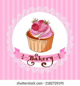 Strawberry - raspberry cupcake on a lacy napkin on a striped background. Template for a bakery Vintage illustration in sketch style in pink colors. For menu, pastry shop, invitation, postcard, poster.