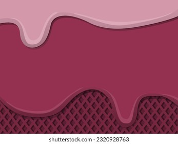 Strawberry or raspberry ice cream on a wafer. Melting ice cream background.