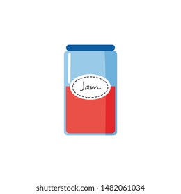 Strawberry or raspberry jam in glass jar half filled with red pink fruit dessert, healthy homemade sweet food in blue container isolated on white background - flat vector illustration