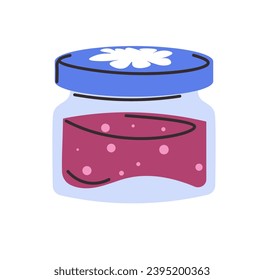 Strawberry or raspberry jam in glass jar with lid, isolated homemade natural and organic dessert and addition to dishes and pastry products. Cooked fruits and berries with sugar. Vector in flat style