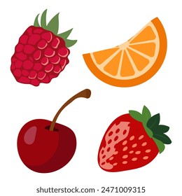 Strawberry, raspberry, orange slice, cherry.  Vector illustration isolated on white background
