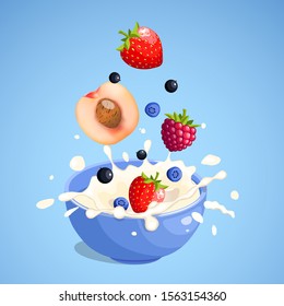 Strawberry, raspberry, peach and blueberry falling and splashing in the milk product in blue bowl. Cartoon style. Colorful vector illustration for poster, icon, label, print and web project.