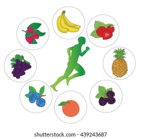 strawberry, raspberry, pineapple, blueberries, blueberry, banana, orange, grape silhouette of a man running around. vector illustration.