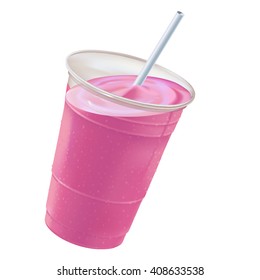 Strawberry, raspberry or red berry frosty milk shake or smoothie tilting right,  in a clear plastic glass with a white straw..