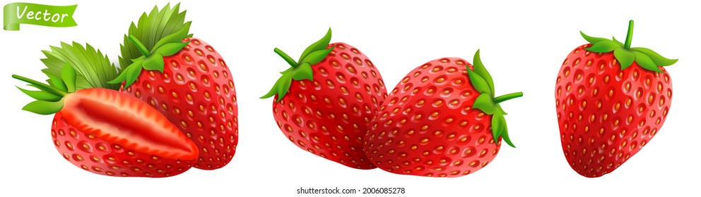 Strawberry. Realistic 3d isolated vector illustration. Strawberries with leaf on white background. Set of fresh red ripe mellow berry. Whole and half of strawberry, Front view strawberries set.