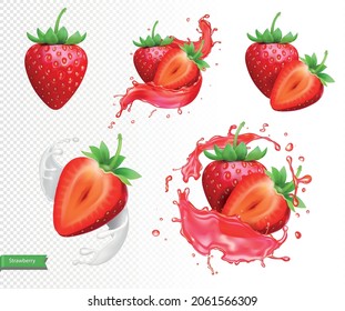 Strawberry realistic isolated vector set, whole and slice of strawberry in juice or milk spash 3d icons.