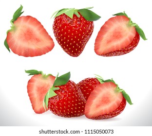 Strawberry Realistic Sweet Berry 3D fruit vector icons set. Realistic stock illustration