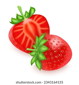 Strawberry realistic. Whole and half red berry with green leaves. Fresh raw fruits. graphic element for design. Natural sweet food. Vitamin dessert. 3D isolated on white background vector illustration