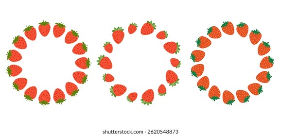 Strawberry red berry circle frame set. Summer wreath fresh ripe plant. Abstract hand-drawn round border, chaplet. Isolated vector illustration