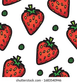 strawberry red fruit doodle line style seamless pattern white background. Vector illustration
