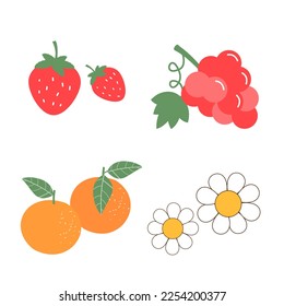 Icono de fresa, uva roja, flor anaranjada y blanca sobre ilustración vectorial de fondo blanco.