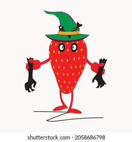 Strawberry red for Halloween.With skeleton hands and fish bones.Cartoon style.Isolation for poster, advertising and holiday Halloween.Textile, label, sticker.Illustrator, vector