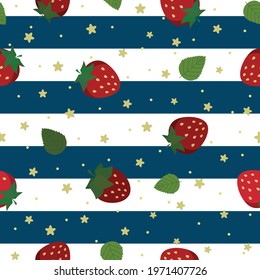 Strawberry red with leaf over blue and white horizontal stripes  with gold colored star shape.