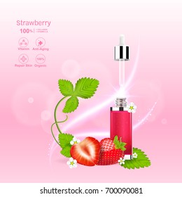 Strawberry Red Serum Extract and Collagen Vitamin Vector for Skin Care Cosmetic and Beauty Products.