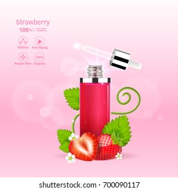 Strawberry Red Serum Extract and Collagen Vitamin Vector for Skin Care Cosmetic and Beauty Products.